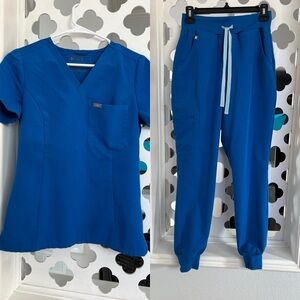 Figs Catarina scrub top, High waisted Zamora jogger scrub pants, Royal blue